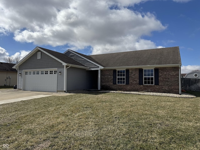 ranch-style house featuring brick siding, concrete driveway, fence, a garage, and a front lawn