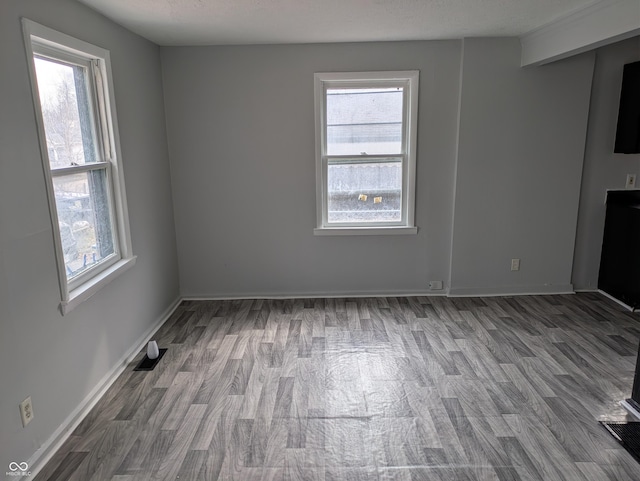 spare room featuring baseboards, a wealth of natural light, and wood finished floors