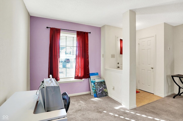 interior space featuring carpet, a textured ceiling, and baseboards