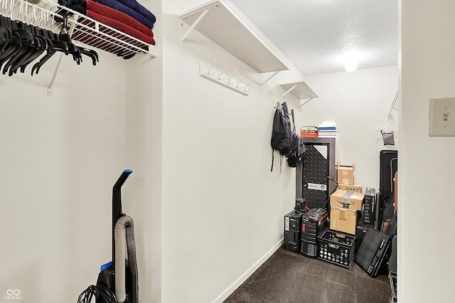 spacious closet with dark colored carpet