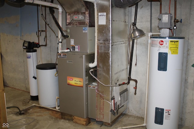 utility room with electric water heater and heating unit