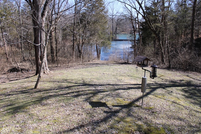 view of street with a water view and a wooded view