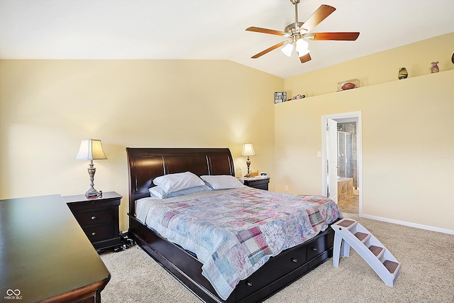 carpeted bedroom with lofted ceiling, ceiling fan, and baseboards