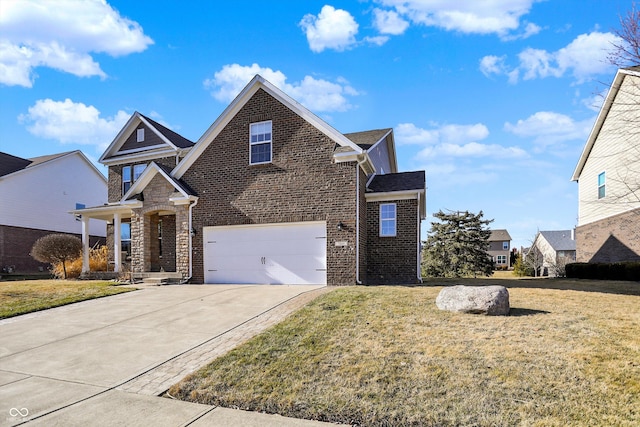 traditional-style house with an attached garage, a front lawn, concrete driveway, and brick siding