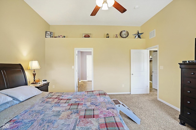 bedroom featuring a ceiling fan, carpet, visible vents, and baseboards