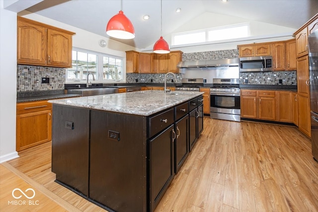 kitchen featuring appliances with stainless steel finishes, light wood-style flooring, a sink, and a kitchen island with sink