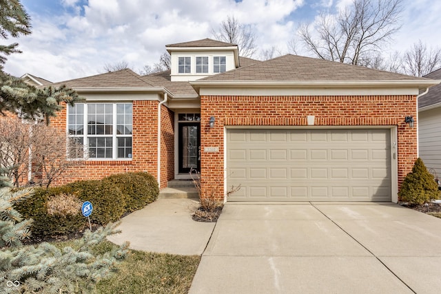 view of front of house featuring driveway, brick siding, roof with shingles, and an attached garage