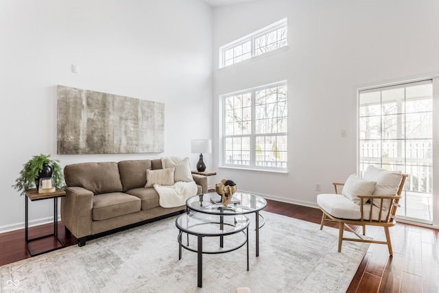 living room with baseboards, wood finished floors, and a towering ceiling