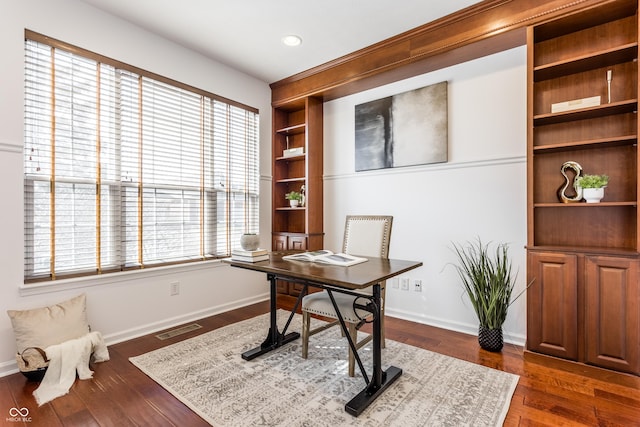 home office featuring visible vents, recessed lighting, dark wood-type flooring, and baseboards