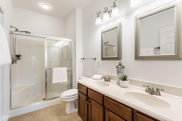 full bathroom with tile patterned floors, toilet, a shower stall, and a sink