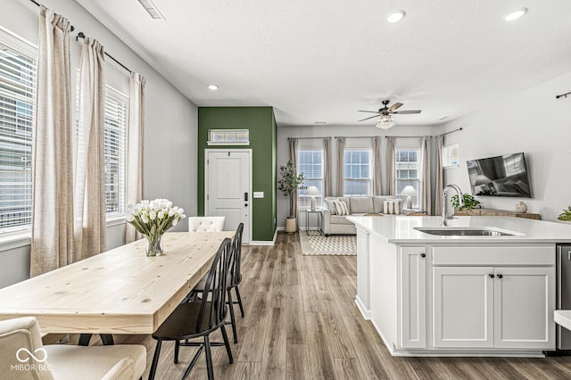 kitchen featuring ceiling fan, open floor plan, light countertops, wood finished floors, and a sink