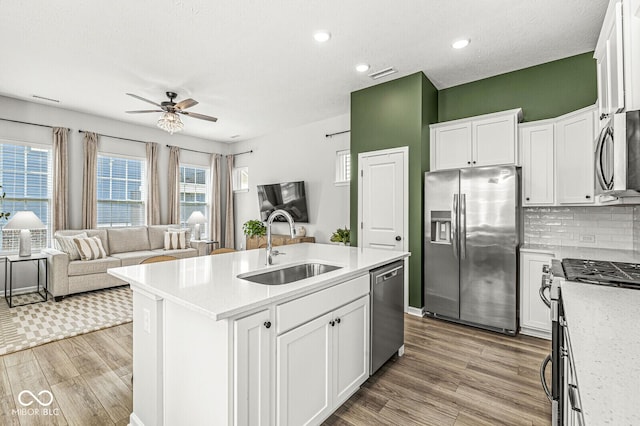 kitchen with light wood finished floors, open floor plan, stainless steel appliances, and a sink