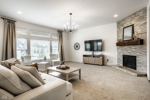 living area with baseboards, a chandelier, light carpet, and a fireplace