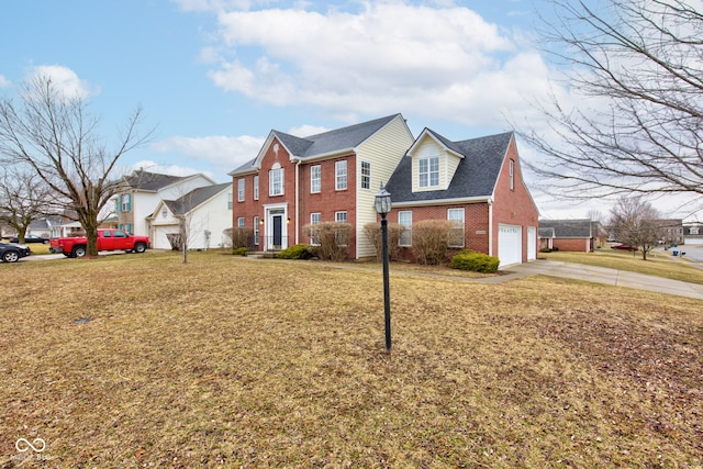 view of front of property featuring concrete driveway, a residential view, an attached garage, a front lawn, and brick siding