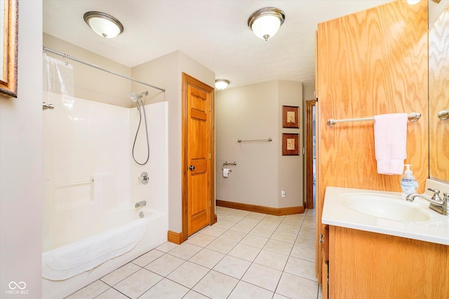 full bathroom featuring a textured ceiling, tile patterned flooring, shower / tub combo, vanity, and baseboards