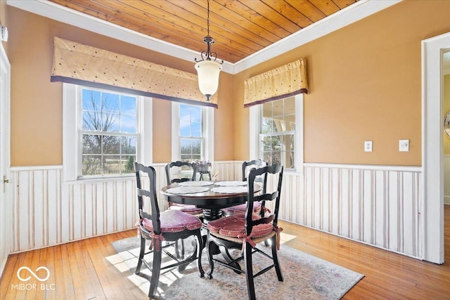 dining space with wainscoting, wood ceiling, a healthy amount of sunlight, and wood-type flooring