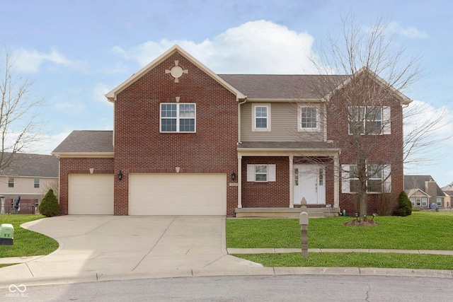 traditional-style home with an attached garage, brick siding, driveway, roof with shingles, and a front lawn