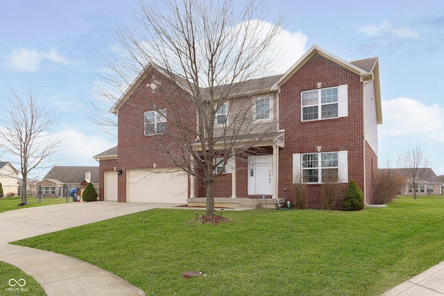 view of front of property featuring driveway, an attached garage, a front yard, and brick siding