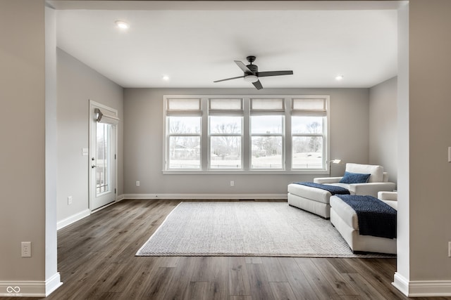 804 Whispering Oaks Dr, Carmel, IN 46032 - living area featuring ceiling fan, dark wood-style floors, baseboards, and recessed lighting