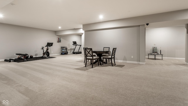 804 Whispering Oaks Dr, Carmel, IN 46032 - workout room with light colored carpet, baseboards, and recessed lighting