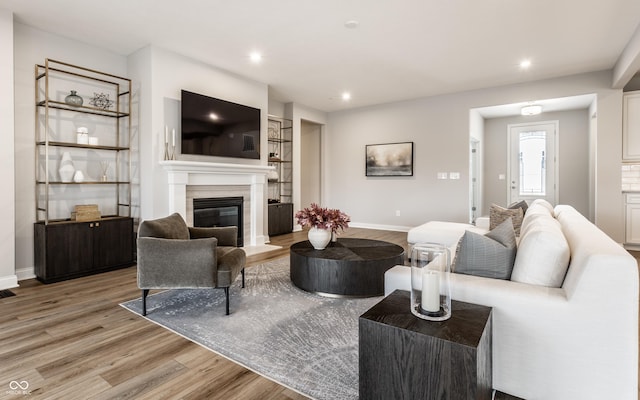 804 Whispering Oaks Dr, Carmel, IN 46032 - living area featuring light wood-style flooring, a glass covered fireplace, recessed lighting, and baseboards