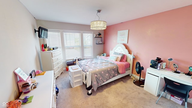 bedroom featuring light colored carpet