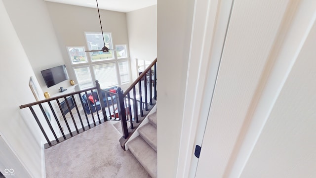 stairway featuring carpet, a high ceiling, and ceiling fan