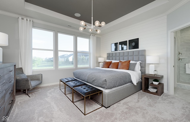 bedroom featuring light carpet, visible vents, a raised ceiling, an inviting chandelier, and crown molding