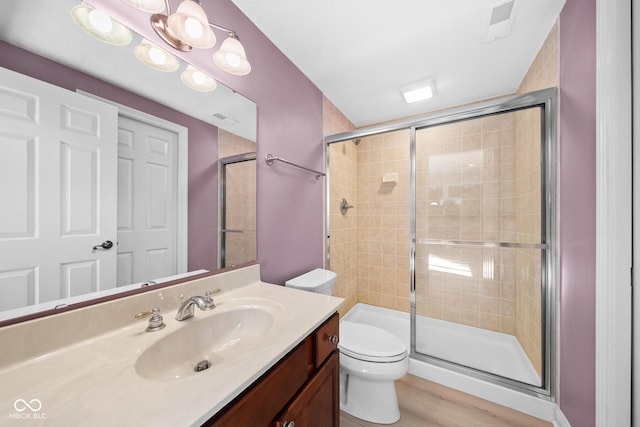 bathroom featuring toilet, a stall shower, and visible vents