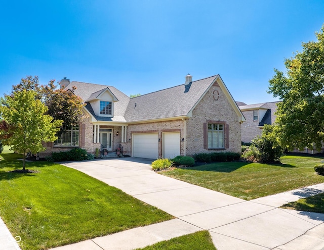 view of front of house with brick siding, roof with shingles, concrete driveway, a front yard, and a garage