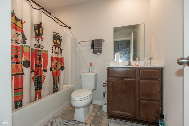 full bath with baseboards, toilet, shower / tub combo with curtain, tile patterned flooring, and vanity