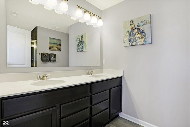 bathroom featuring double vanity, wood finished floors, baseboards, and a sink