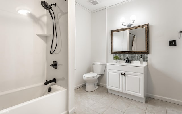 full bath with visible vents, toilet, vanity, shower / tub combination, and tile patterned flooring