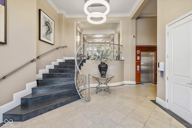 staircase with elevator, baseboards, and crown molding