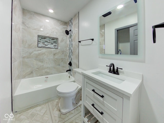 bathroom with recessed lighting, shower / tub combination, vanity, and toilet