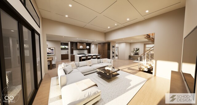 4094 Chapel Hill Ct, Bargersville, IN 46106 - living area with light wood-style floors, a towering ceiling, and recessed lighting