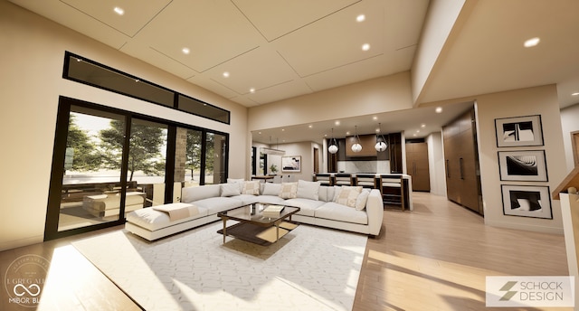4094 Chapel Hill Ct, Bargersville, IN 46106 - living room featuring recessed lighting, a towering ceiling, and light wood-style flooring
