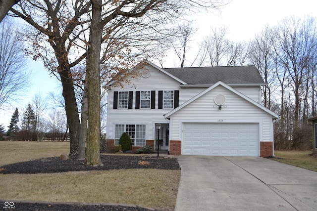 traditional home featuring an attached garage, driveway, roof with shingles, and brick siding