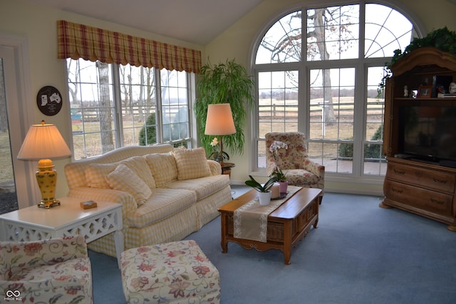 carpeted living area with lofted ceiling