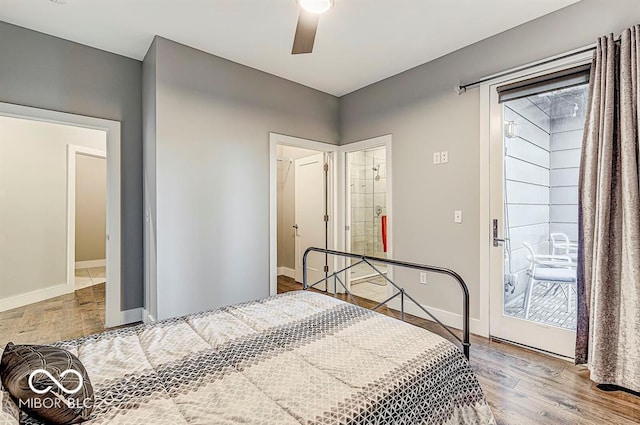 bedroom featuring ceiling fan, baseboards, and wood finished floors