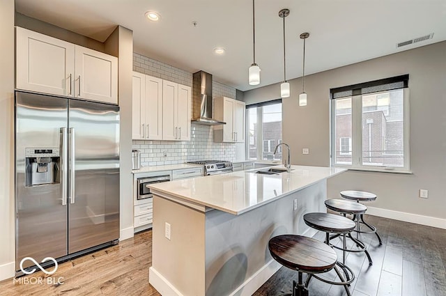 kitchen featuring visible vents, a sink, appliances with stainless steel finishes, wall chimney range hood, and backsplash