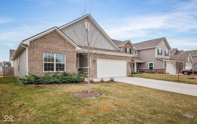 view of front of house featuring an attached garage, concrete driveway, brick siding, and a front yard