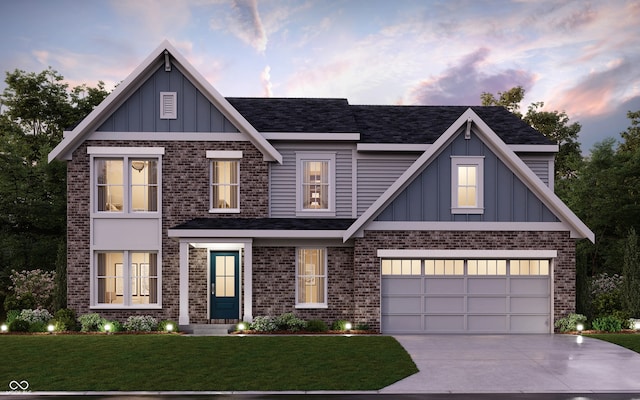 view of front of house featuring concrete driveway, a front lawn, board and batten siding, and brick siding