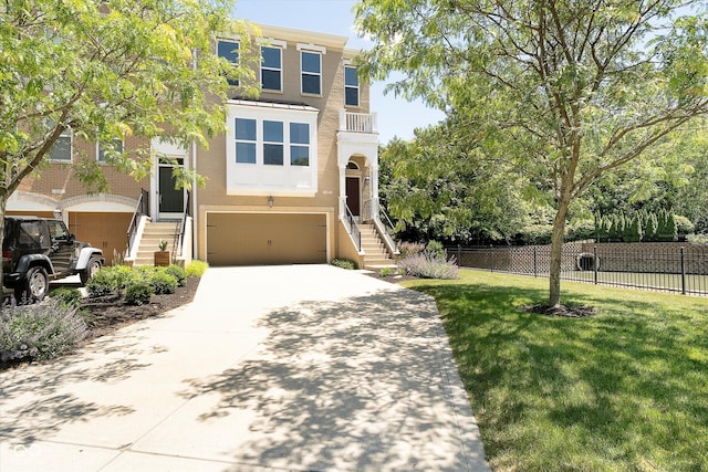 view of front of home featuring a garage, fence, driveway, stucco siding, and a front yard