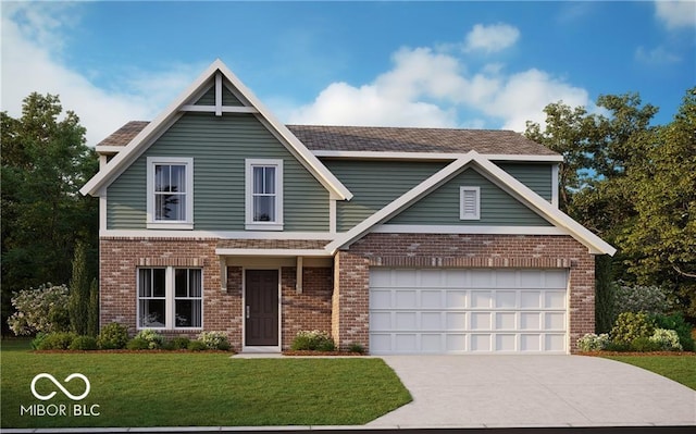 view of front facade with driveway, an attached garage, a front yard, and brick siding