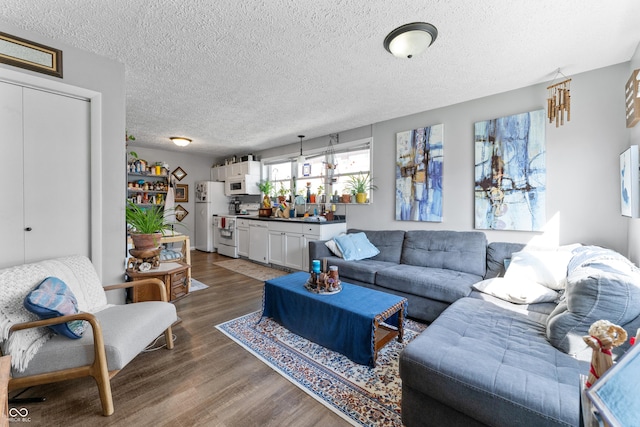 living room featuring dark wood-type flooring and a textured ceiling