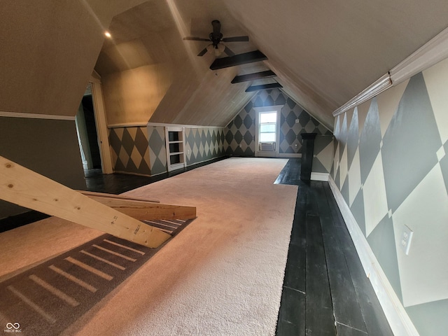 608 E Main St, Crawfordsville, IN 47933 - additional living space with carpet, lofted ceiling, a ceiling fan, wood finished floors, and baseboards