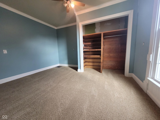 608 E Main St, Crawfordsville, IN 47933 - unfurnished bedroom featuring carpet floors, a closet, ornamental molding, ceiling fan, and baseboards