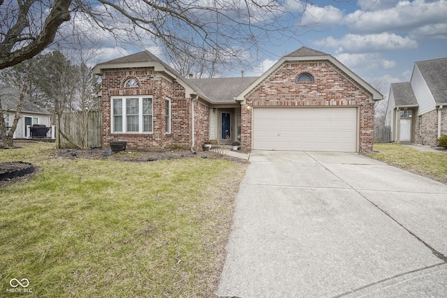 view of front of home featuring brick siding, a garage, concrete driveway, and a front yard