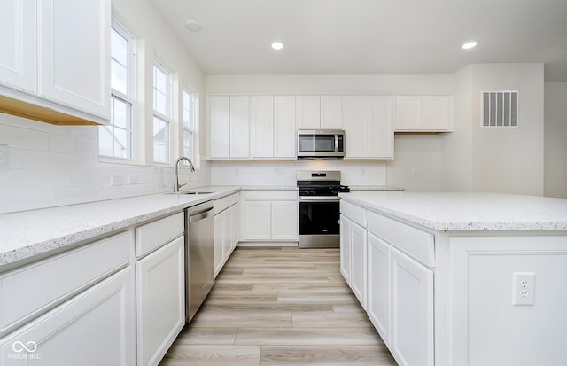 kitchen with visible vents, a sink, white cabinets, appliances with stainless steel finishes, and tasteful backsplash